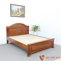 Giường Xoan Đào Gỗ Tự Nhiên Đầu Cong Chạm Hoa Văn Caro Đẹp