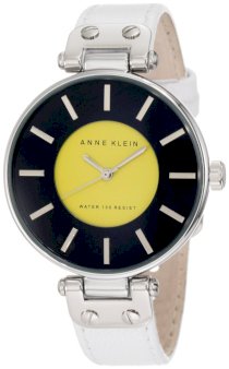 AK Anne Klein Women's 10/9987NVWT Leather Silver-Tone Blue and Yellow Dial White Leather Strap Watch