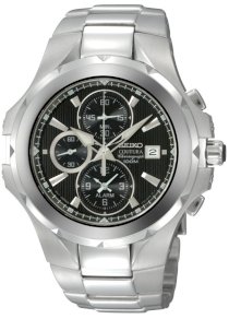 Seiko Men's SNAD53 Coutura Alarm Chronograph Silver-Tone Black Dial Watch