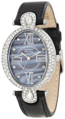 Badgley Mischka Women's BA/1039BMBK Swarovski Crystal Accented Oval Silver-Tone Black Leather Strap Watch