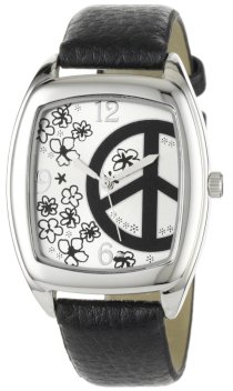 Breda Women's 8205_black "Savannah" Black Leather Band Peace Sign and Flower Dial Watch