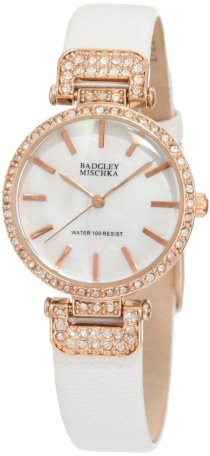 Badgley Mischka Women's BA/1188RGWT Swarovski Crystals Accented White Leather Strap Watch