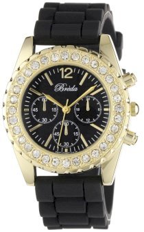 Breda Women's 2292-Gold/blk "Meryl" Gold Rhinestone Bezel Black Silicone Watch