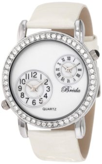 Breda Women's 5173-white "Michelle" Two-Time Zone Rhinestone Bezel Mother-Of-Pearl Dial Leather Band Watch