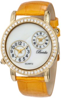 Breda Women's 5173-gold "Michelle" Two-Time Zone Rhinestone Bezel Mother-Of-Pearl Dial Leather Band Watch