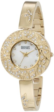 Badgley Mischka Women's BA1094MPGB Swarovski Crystal Accented Gold-Tone Flower Theme Bangle Watch