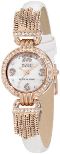 Badgley Mischka Women's BA/1212RGWT Swarovski Crystal Accented Rosegold-Tone White Leather Strap Watch