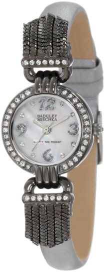 Badgley Mischka Women's BA/1213MPSI Swarovski Crystal Accented Gunmetal-Tone Silver Leather Strap Watch