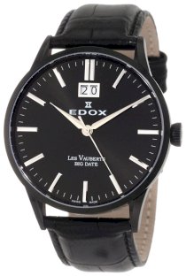 Edox Men's 63001 37N NIN Les Vauberts Black Dial Black Ion-Plating Case Big Date Watch