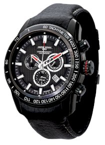 Jorg Gray 3700 Chrono PVD 45mm Watch - Black Dial, Black Leather Strap JG3700-31