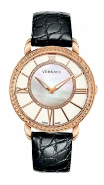 Versace Women's M6Q80SD498 S009 Krios Rose Gold IP Black Leather Mother-Of-Pearl Dial Sapphire Crystal Diamond Watch