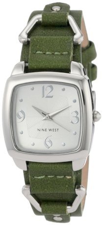  Nine West Women's NW1171SVGN Silver-Tone Square Dial and Green Strap Watch