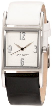  Nine West Women's NW/1297SVBW Strap Square Silver-Tone Black and White Strap Watch