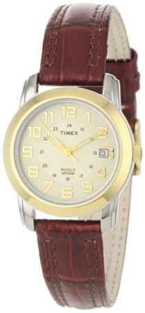 Timex Women's T2N4369J Dress Sport Chic Round Bi-Metal Tone Brown Leather Strap Watch