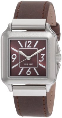  Nine West Women's NW1195BNBN Silver-Tone Square Case Brown Strap Watch