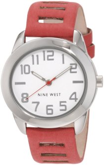  Nine West Women's NW/1279WTCO Strap Red Strap Silver-Tone Easy to Read Watch