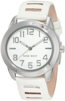  Nine West Women's NW/1279WTWT Round Silver-Tone White Strap Watch