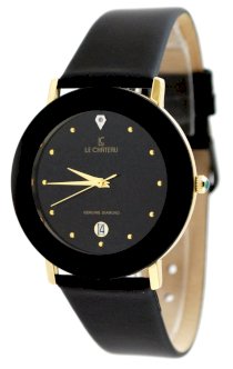 Le Chateau #955M-19 Men's Black Gold Tone Trim Elegant Leather Strap Domed Crystal Watch