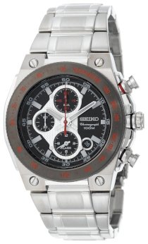 Seiko Men's SNAD55 Silver-Tone Black Dial Red Markers Alarm Chronograph Watch