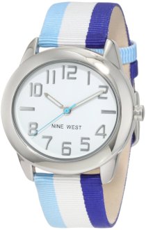  Nine West Women's NW/1289WTBL Strap Round Silver-Tone Easy to Read Blue and White Strap Watch