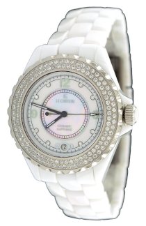 Le Chateau #5802 Women's Mid Size White Ceramic Watch with Crystal Bezel