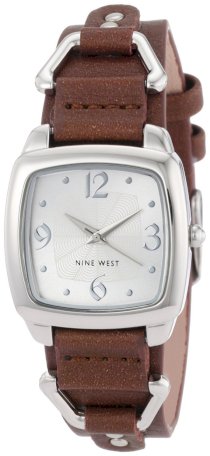  Nine West Women's NW1171SVBN Silver-Tone Square Dial and Brown Strap Watch