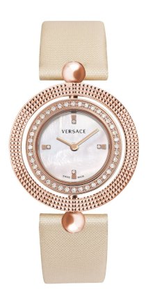Versace Women's 79Q81SD498 S002 Eon Rose Gold Plated Reversible Bezel Mother-of-Pearl Dial Ivory Satin on Leather Diamond Watch