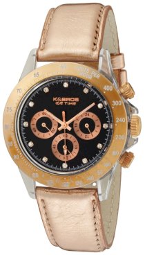 K&Bros  Women's 9533-2 Ice-Time Crash Chronograph Rose Gold-tone Black Dial Watch