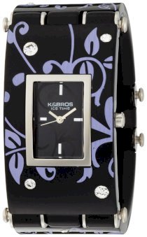 K&Bros Women's 9535-1 Ice-Time Galassia Flower Black and Gold-tone Watch