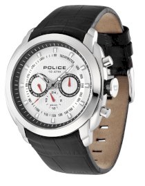 Police Men's PL-12677JS/04 Pilot Silver Dial Dual Time Crocodile Leather Watch