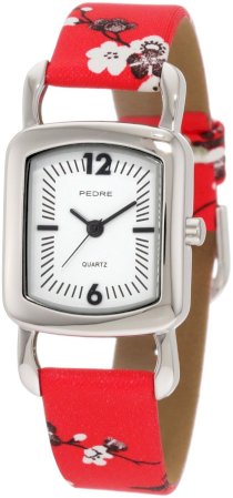 Pedre Women's 6765SX Silver-Tone/ Red Asian Floral Strap Watch