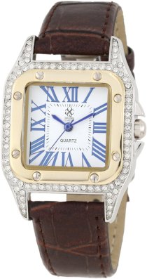 Golden Classic Women's 1622-TwoTone "Prevailing Assurance" Rhinestone Encrusted Bold Bezel and Leather Band Watch