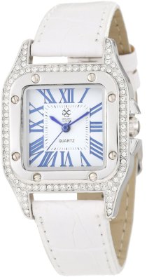Golden Classic Women's 1622-White "Prevailing Assurance" Rhinestone Encrusted Bold Bezel and Leather Band Watch