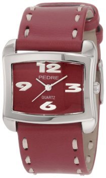Pedre Women's 7618SX Silver-Tone/ Red Leather Strap Watch