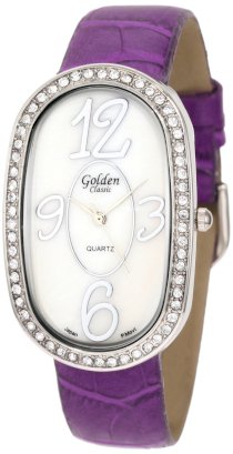 Golden Classic Women's 2184-purple "Designer Color" Rhinestone Encrusted Bezel Mother-Of-Pearl Dial Colored Leather Band Watch