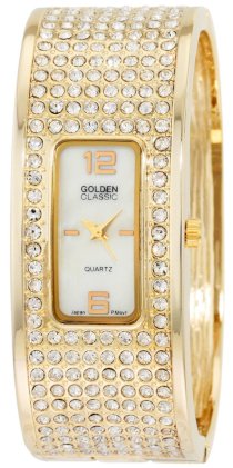 Golden Classic Women's 2247-gold "Slender Pearl" Mother of Pearl Rhinestone Bangle Watch