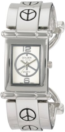 Golden Classic Women's 2181-Silver Shaggy Chic Silver Peace Sign Etched Bangle Watch