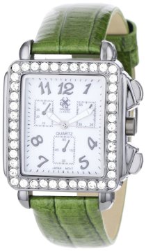 Golden Classic Women's 5165 gun/green "Silhouette" Rectangle Rhinestone Accented Olive Green Genuine Leather Watch