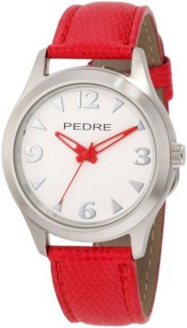 Pedre Midsize 0094SRX Silver-Tone/ Red Strap Watch