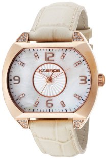 K&Bros  Women's 9160-3 Steel Luna Rose-Gold Plated White Leather Strap Watch