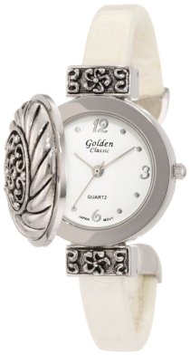 Golden Classic Women's 9101-Wht Whimsical Secret Flip Top Leather Cuff Watch