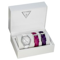 Guess Ladies Set-box Crystals Leather W11614l1 Watch White Pink Purple