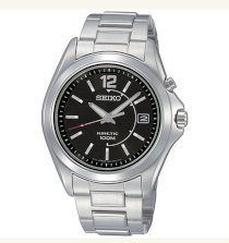Seiko Men's 10 ATM Stainless Steel Kinetic Watch with Black Dial. Model: SKA477