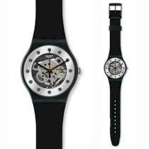 Swatch Watch, Unisex Swiss Silver Glam Black Silicone Strap 41mm SUOZ147 