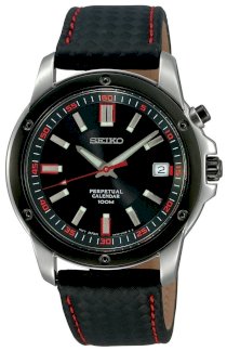Seiko Men's SNQ097 Perpetual Calendar Black Ion Finish Black Bezel Strap Watch