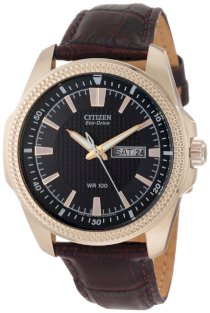Mens Citizen Eco Drive WR100 Watch in Stainless Steel with Rose Gold with Brown Leather Strap (BM8493-08E)
