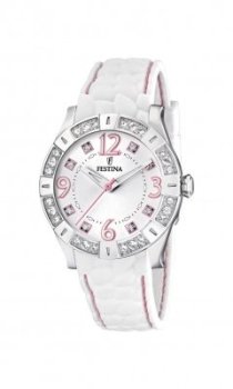 Festina F16541/3 Women's Silver Dial White Rubber Band Crystals On Bezel Watch