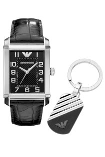 Đồng hồ Emporio Armani Watch and Keychain Set, Men's Black Croc Embossed Leather Strap 40mm AR8018