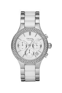 Đồng hồ DKNY Watch, Women's Chronograph White Ceramic and Stainless Steel Bracelet NY8181
