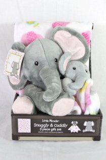 Little Miracles Reversible Blanket with Cozy Plush 3 Piece Gift Set - Elephants 